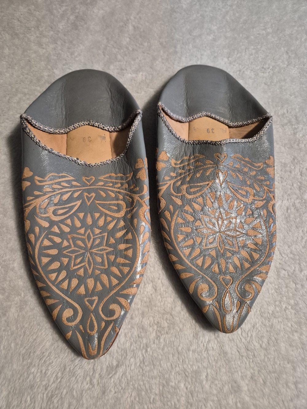 Moroccan Leather Babouche Slippers Pointed Grey Bohemian Mules Size 39